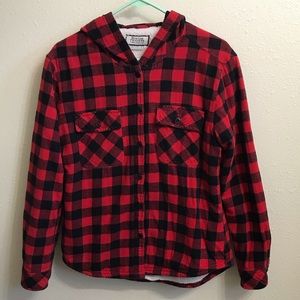 Buffalo Plaid Flannel Red & Black Sherpa Lined Shacket Jacket Coat